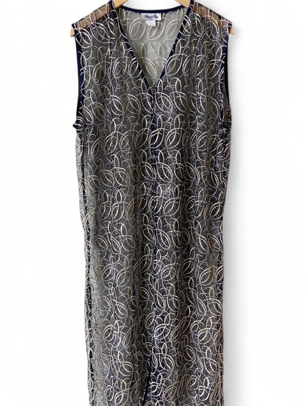 MaxMara Black and Silvet Sleeveless V-Neck Sheer Overlay Maxi Dress